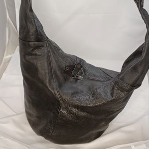 EUC hobo bag, black leather, zipper closure, knotted straps [Byrnes & Baker]